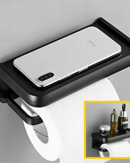 Tualetinio popieriaus laikiklis su lentynėle telefonui, savaime limpas, juodas metalinis