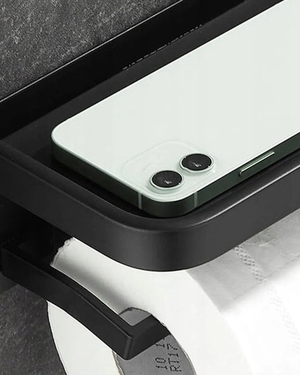 Tualetinio popieriaus laikiklis su lentynėle telefonui, savaime limpas, juodas metalinis