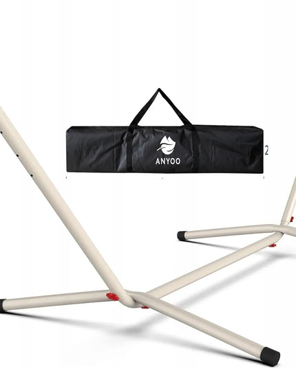 Tvirtas metalinis stovas hamakui, 200 kg, su transportavimo krepšiu, baltas