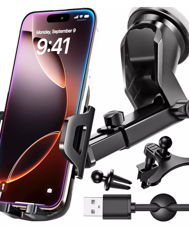 Automobilinis telefono laikiklis 4-in-1, skirtas prietaisų skydeliui, priekiniam stiklui, salonui