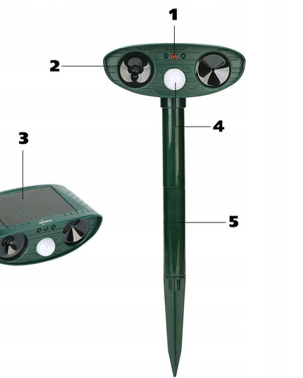 Ultragarsinis gyvūnų atbaidymo prietaisas su judesio davikliu ir saulės baterija | Saugus šunims, katėms, graužikams, paukščiams ir laukiniams gyvūnams