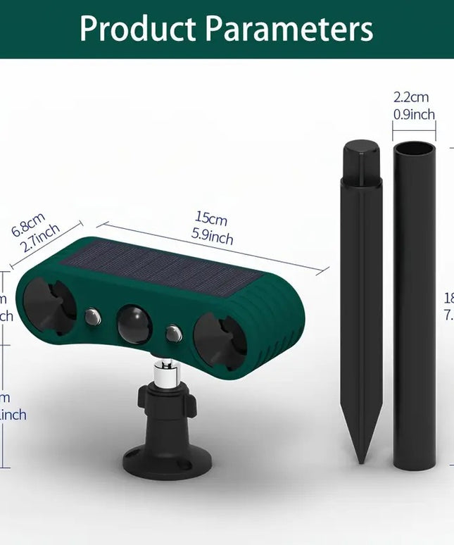 Ultragarsinis Gyvūnų atbaidymo prietaisas su judesio jutikliu ir mirksinčiomis šviesomis – katėms, voverėms, elniams, meškėnams, skunksams