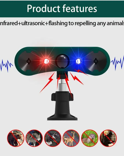 Ultragarsinis Gyvūnų atbaidymo prietaisas su judesio jutikliu ir mirksinčiomis šviesomis – katėms, voverėms, elniams, meškėnams, skunksams