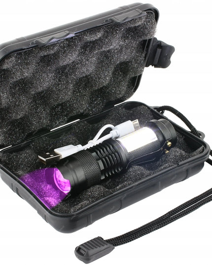 UV LED žibintuvėlis 5W 395nm COB su įkraunama baterija USB 2-in-1 RT0328 komplektas su dėklu