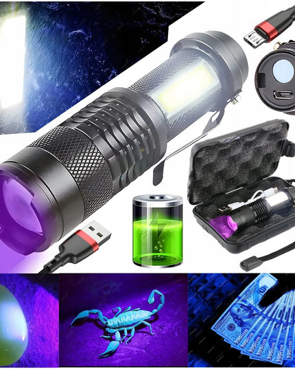 UV LED žibintuvėlis 5W 395nm COB su įkraunama baterija USB 2-in-1 RT0328 komplektas su dėklu