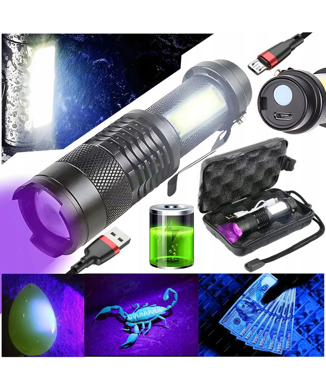 UV LED žibintuvėlis 5W 395nm COB su įkraunama baterija USB 2-in-1 RT0328 komplektas su dėklu
