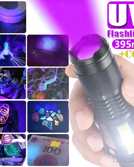 UV LED žibintuvėlis 5W 395nm COB su įkraunama baterija USB 2-in-1 RT0328 komplektas su dėklu