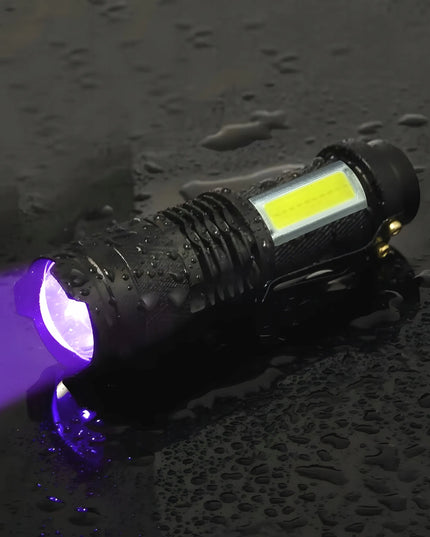 UV LED žibintuvėlis 5W 395nm COB su įkraunama baterija USB 2-in-1 RT0328 komplektas su dėklu