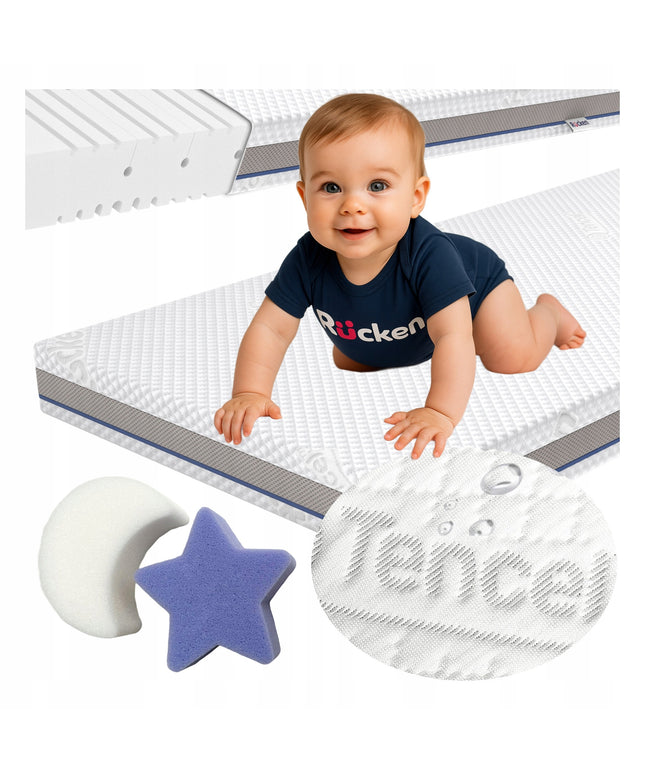 Vaikiškas čiužinys 120x60 H2 H3 ortopedinis kūdikiui – medicininis čiužinys su ventiliacija, hipoalerginis, Tencel užvalkalas, Rucken