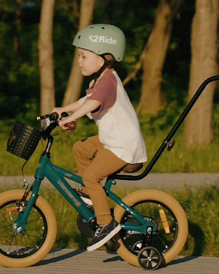 Vaikiškas dviratis 16 colių Sun Baby Verdant su krepšeliu, pagalbiniais ratukais ir stūmikliu