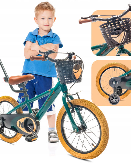 Vaikiškas dviratis 16 colių Sun Baby Verdant su krepšeliu, pagalbiniais ratukais ir stūmikliu