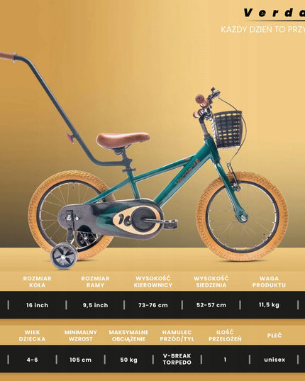 Vaikiškas dviratis 16 colių Sun Baby Verdant su krepšeliu, pagalbiniais ratukais ir stūmikliu