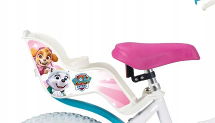 Vaikiškas dviratis mergaitei Paw Patrol 16 colių, baltas, su krepšeliu ir pagalbiniais ratukais