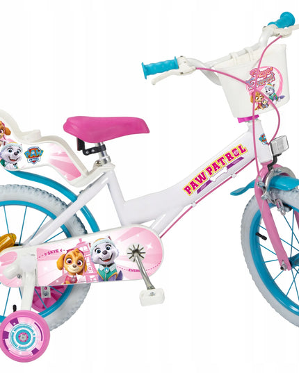 Vaikiškas dviratis mergaitei Paw Patrol 16 colių, baltas, su krepšeliu ir pagalbiniais ratukais