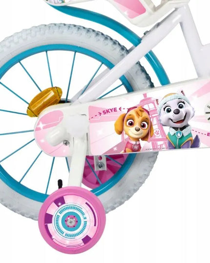 Vaikiškas dviratis mergaitei Paw Patrol 16 colių, baltas, su krepšeliu ir pagalbiniais ratukais