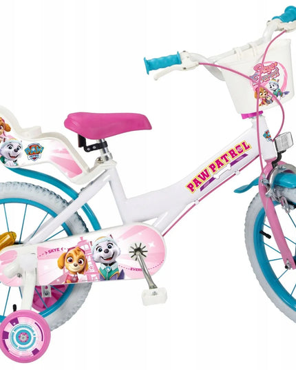 Vaikiškas dviratis mergaitei Paw Patrol 16 colių, baltas, su krepšeliu ir pagalbiniais ratukais