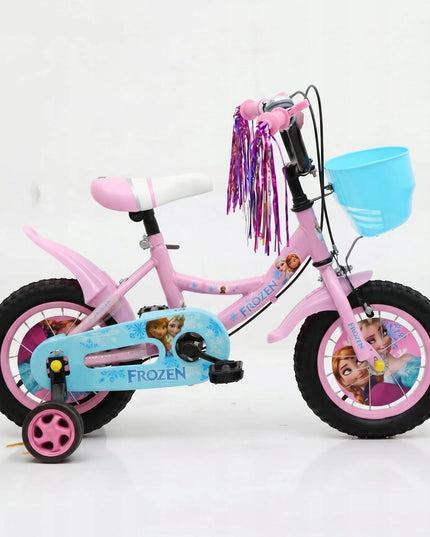 Vaikiškas dviratis mergaitėms 12 colių FROZEN rožinis su krepšeliu, pagalbiniais ratukais ir Elzos motyvais