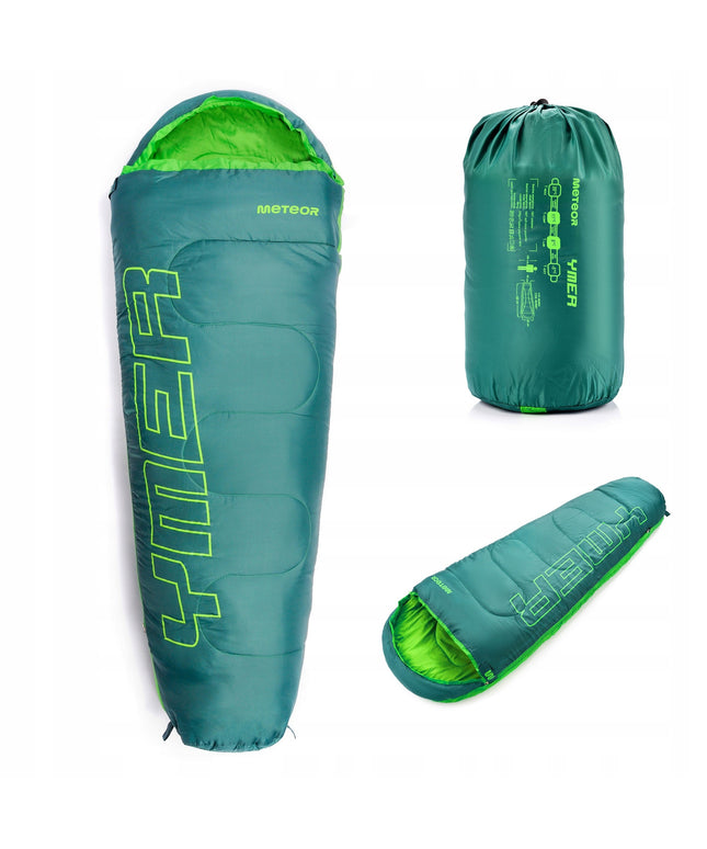 Vaikiškas miegmaišis Meteor Ymer (130+30)x60/40 cm su dėklu kompaktiškas mumijos tipo žalias