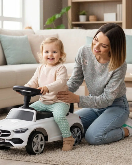 Vaikiškas paspiriamas automobilis-vaikštynė Mercedes C-Class su garsais ir daiktadėže SUN BABY