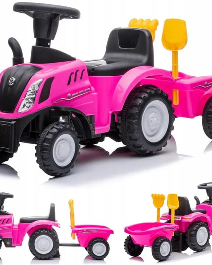 Vaikiškas paspirtukas traktoriukas su priekaba New Holland, rožinis