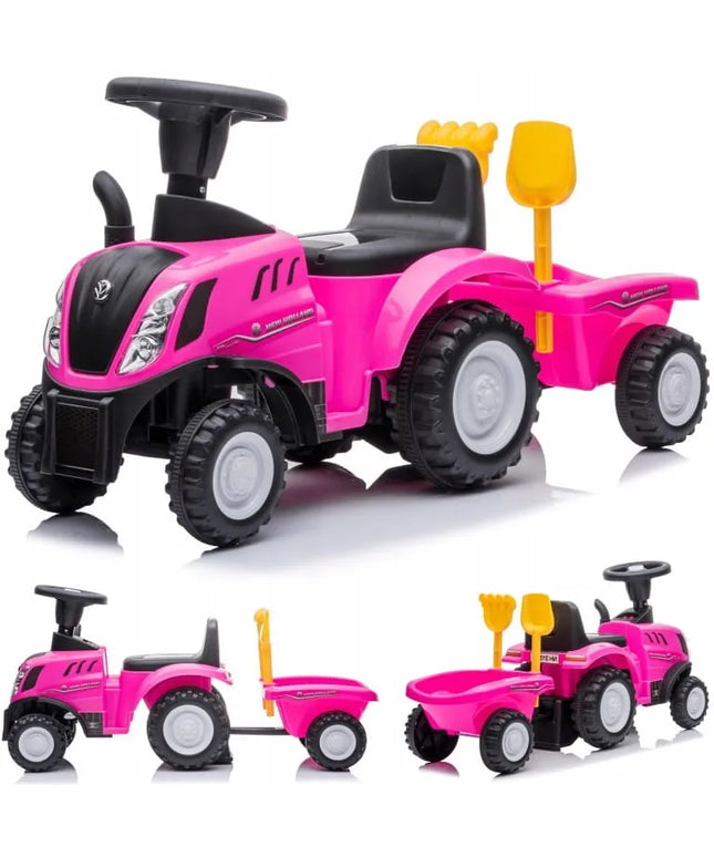 Vaikiškas paspirtukas traktoriukas su priekaba New Holland, rožinis