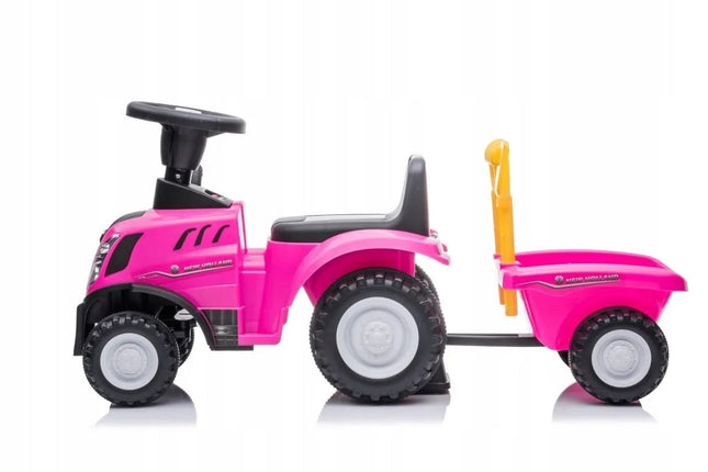 Vaikiškas paspirtukas traktoriukas su priekaba New Holland, rožinis