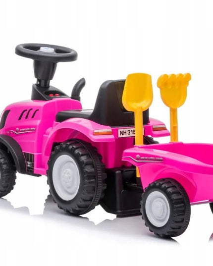 Vaikiškas paspirtukas traktoriukas su priekaba New Holland, rožinis