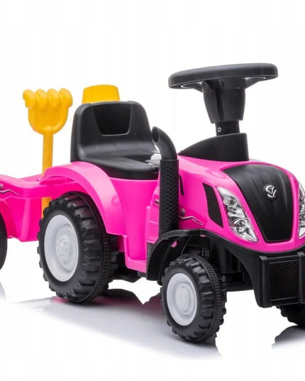 Vaikiškas paspirtukas traktoriukas su priekaba New Holland, rožinis