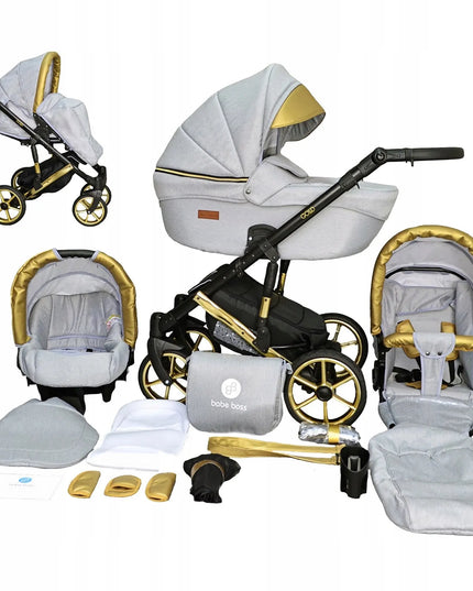 Vaikiškas vežimėlis 3-viename PREMIUM Gold Uczio auksinis daugiafunkcis + priedai