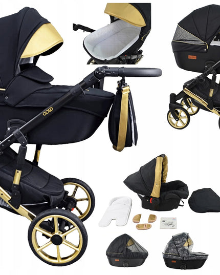 Vaikiškas vežimėlis 3-viename PREMIUM Gold Uczio auksinis daugiafunkcis + priedai