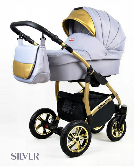 Vaikiškas vežimėlis 3in1 BabyLux GOLD LUX lopšys sportinė dalis automobilinė kėdutė