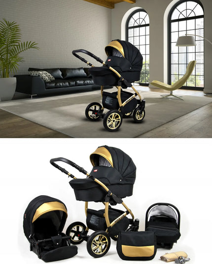 Vaikiškas vežimėlis 3in1 BabyLux GOLD LUX lopšys sportinė dalis automobilinė kėdutė
