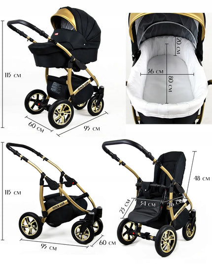 Vaikiškas vežimėlis 3in1 BabyLux GOLD LUX lopšys sportinė dalis automobilinė kėdutė