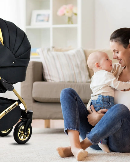 Vaikiškas vežimėlis 3in1 BabyLux GOLD LUX lopšys sportinė dalis automobilinė kėdutė