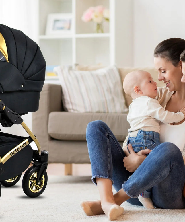 Vaikiškas vežimėlis 3in1 BabyLux GOLD LUX lopšys sportinė dalis automobilinė kėdutė