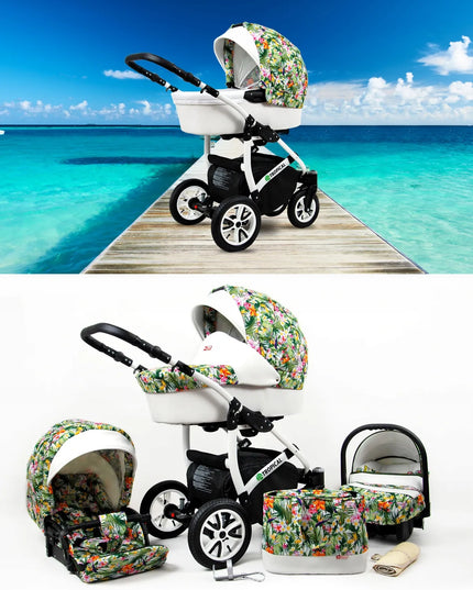 Vaikiškas vežimėlis 3w1 BabyLux TROPICAL lopšys sportinukas automobilinė kėdutė