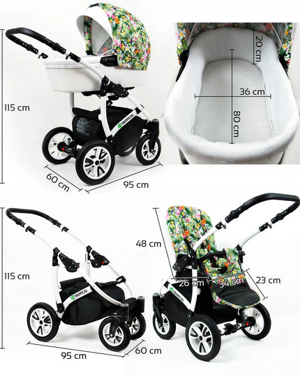 Vaikiškas vežimėlis 3w1 BabyLux TROPICAL lopšys sportinukas automobilinė kėdutė