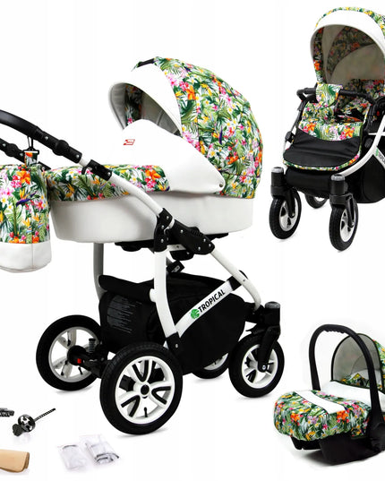 Vaikiškas vežimėlis 3w1 BabyLux TROPICAL lopšys sportinukas automobilinė kėdutė