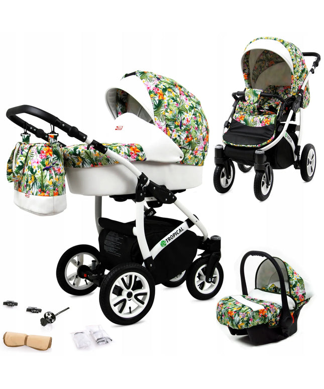 Vaikiškas vežimėlis 3w1 BabyLux TROPICAL lopšys sportinukas automobilinė kėdutė