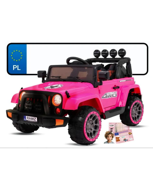 Vaikiškas visureigis Full Time 4WD 4x4 rožinis su nuotolinio valdymo pulteliu, garso sistema ir LED