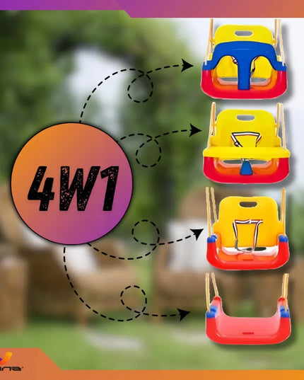 Vaikiškos 4-in-1 sūpuoklės – plastikinės, naudojimui namuose ir sode, su saugos diržais