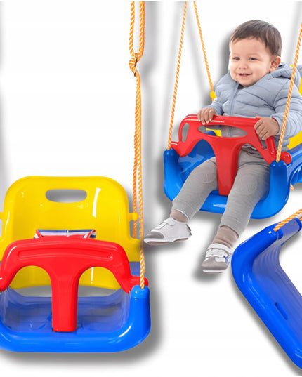 Vaikiškos 4-in-1 sūpuoklės – plastikinės, naudojimui namuose ir sode, su saugos diržais