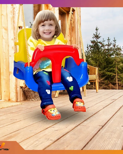 Vaikiškos 4-in-1 sūpuoklės – plastikinės, naudojimui namuose ir sode, su saugos diržais