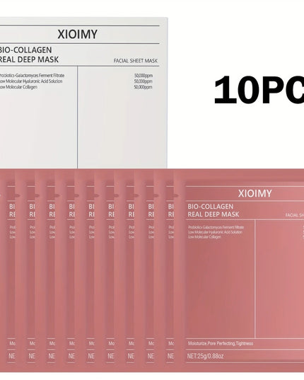 Veido kaukės su kolagenu – 10 vnt. drėkinantis ir šviesinantis rinkinys jautriai odai, be alkoholio, BIO-COLLAGEN