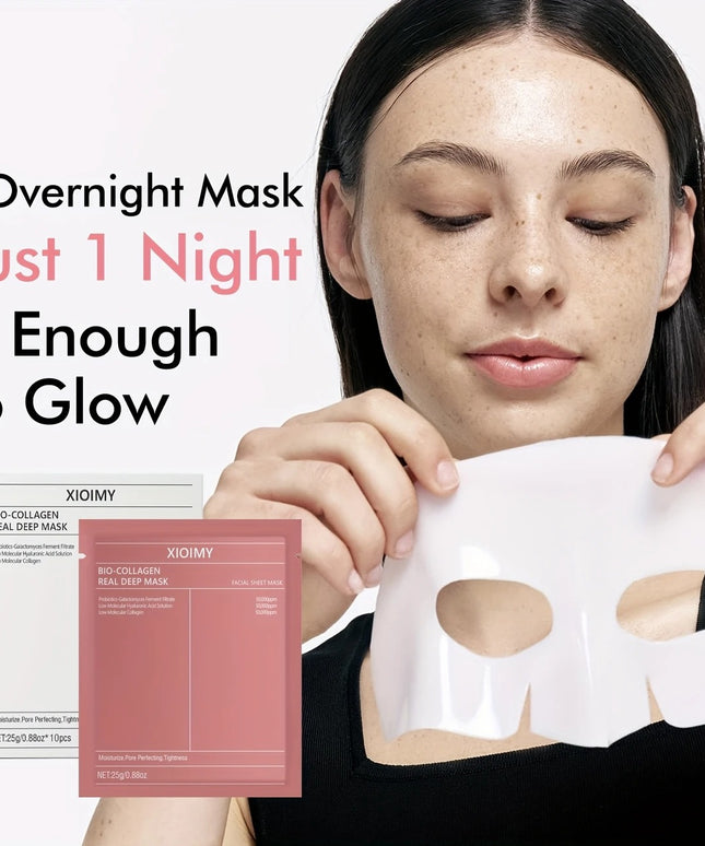 Veido kaukės su kolagenu – 10 vnt. drėkinantis ir šviesinantis rinkinys jautriai odai, be alkoholio, BIO-COLLAGEN