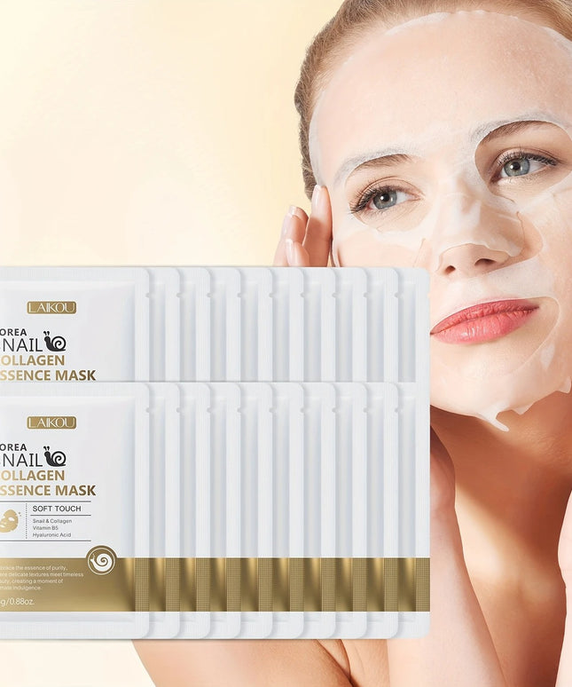 Veido kaukės su sraigių mucinu ir kolagenu – intensyviai drėkinančios, jauninančios, hipoalerginės – LAIKOU Korea 20 vnt.