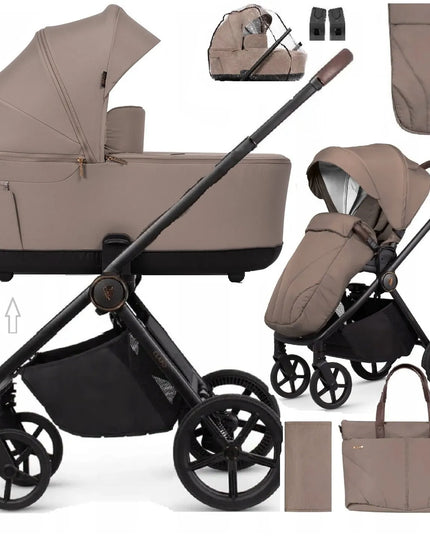 Venicci Claro 2.0 lengvas 2-in-1 vežimėlis, krepšys, uždangalas, apsauga nuo lietaus, adapteriai, „Almond“ spalva
