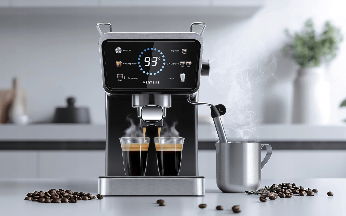 Espresso kavos aparatas Vertenz Puro 40 – 20 barų slėgis, 1350W, Thermoblock, 1.5L, profesionalus kapučinatorius