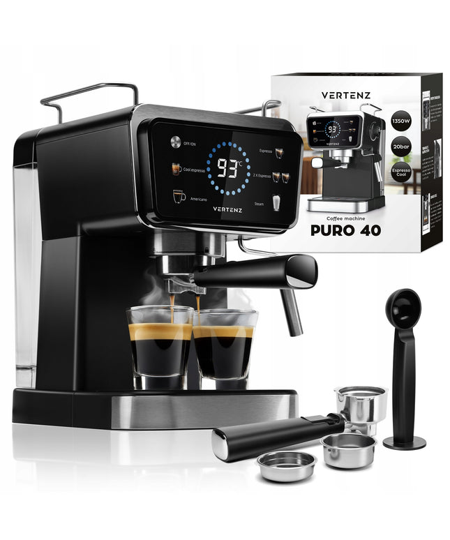 Espresso kavos aparatas Vertenz Puro 40 – 20 barų slėgis, 1350W, Thermoblock, 1.5L, profesionalus kapučinatorius