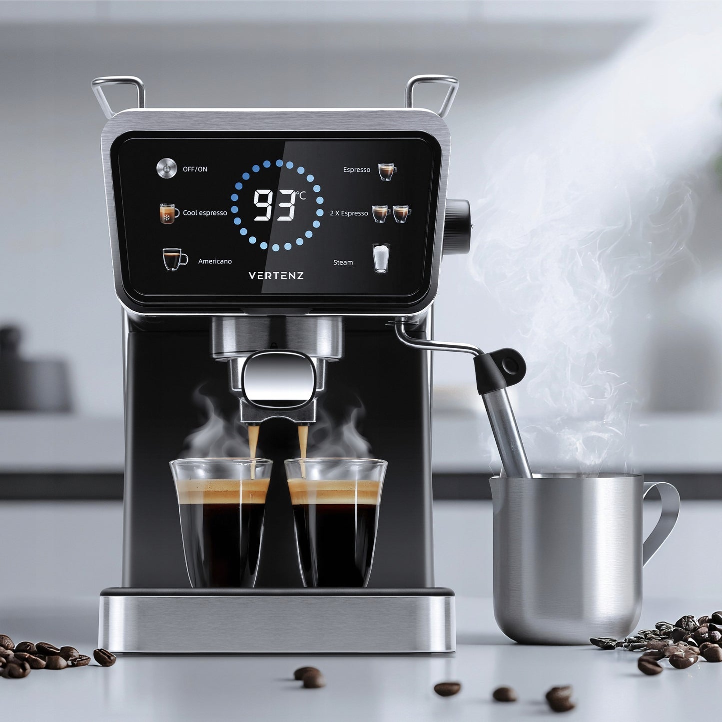 Espresso kavos aparatas Vertenz Puro 40 – 20 barų slėgis, 1350W, Thermoblock, 1.5L, profesionalus kapučinatorius